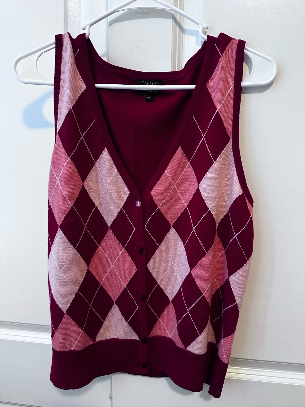 Talbots Pink & Burgundy Argyle Knit Sweater Vest Sz. L 100% Merino Wool